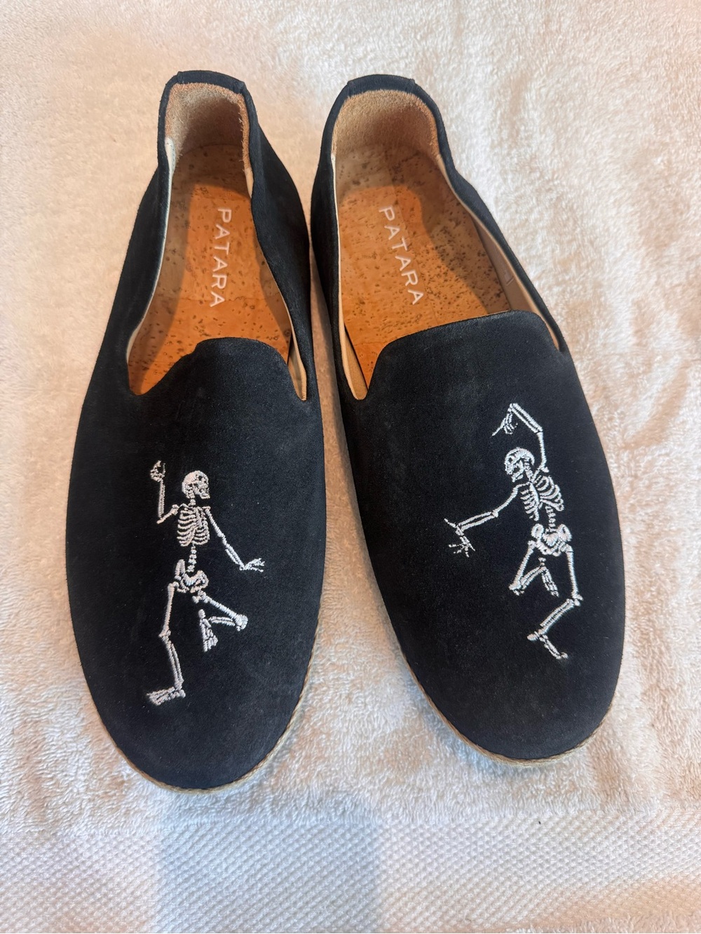 Patra Black Slip-On Loafers with White Skeleton Embroidery